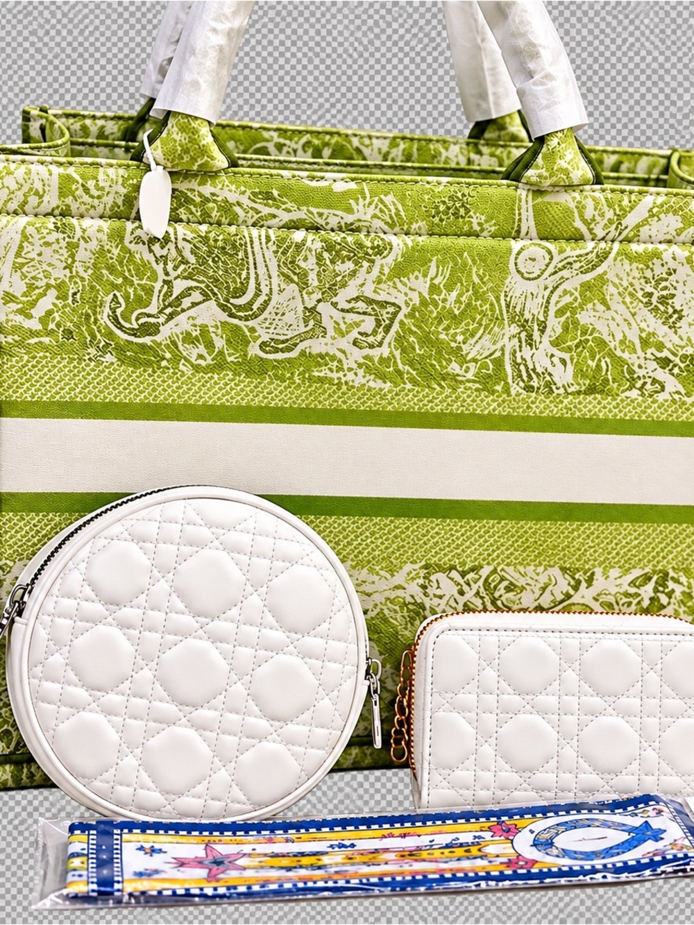 White Quilted Round Crossbody & Wallet Set with Green Tote Accent